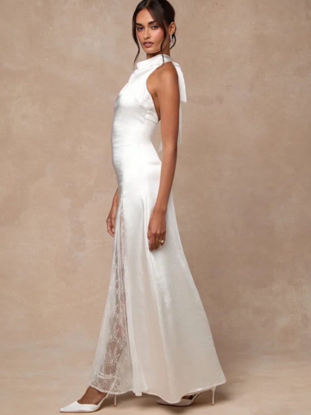 New Lulus Concetta Ivory Satin Elegant Halter Gown With Lace Panel Sz Medium - Picture 2 of 10